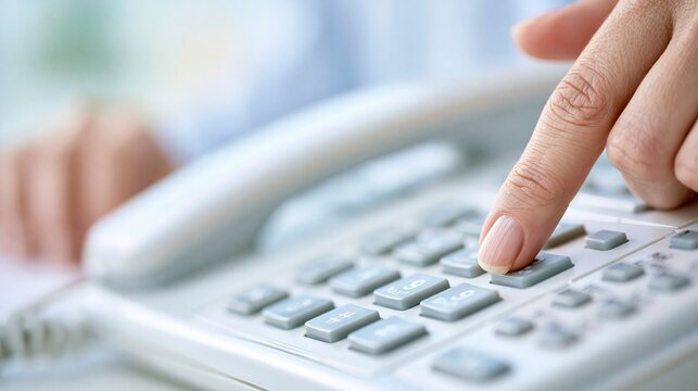 Close-up of a person's finger dialing a number on a white office telephone keypad, representing communication and connection