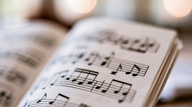 Close-up view of an open music book displaying sheet music notes on aged paper with soft warm lighting and blurred background.