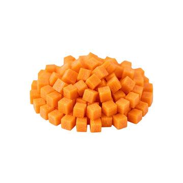 Fresh carrot brunoise cubes isolated. Chopped orange vegetable pieces for cooking.
