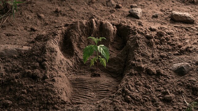 New life emerges from barren earth: a small seedling planted in freshly dug soil