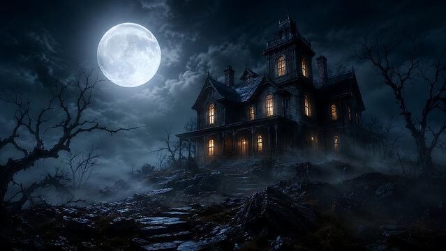 Haunted House in Fog Under Full Moon | Spooky Gothic Mansion Night Scene | Dark Halloween Horror Landscape