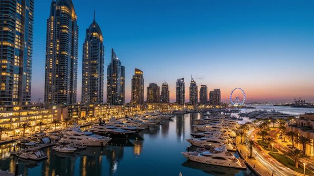 Dubai Marina Yacht Harbor at Dusk with Modern Skyscrapers and Ferris Wheel, Luxurious Urban Waterfront Lifestyle
