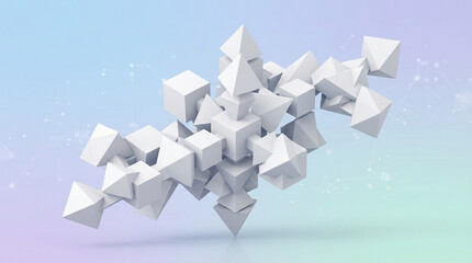 Obraz premium Abstract 3D geometric composition, white floating cubes and pyramids on pastel gradient background, futuristic architectural structure for tech branding