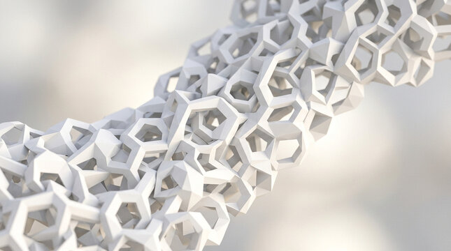 Abstract white geometric lattice structure, 3D parametric hexagonal mesh pattern, futuristic architectural honeycomb texture for science and technology
