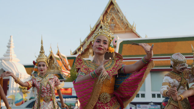 Traditional Thai Khon Manohra Dancers Performing at Wat Suthat Thepwararam