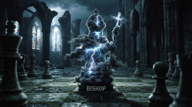 Storm cloud bishop chess piece in ruined cathedral