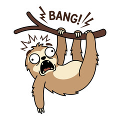 Fototapeta premium Shocked sloth hanging on branch with surprised face expression and sound effect
