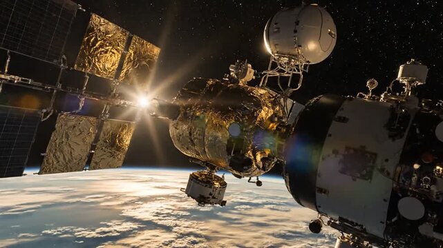 Orbital Space Station Docking Maneuver with Earth Below and Sun Glinting off Solar Panels, Scientific Exploration and Space Travel Concept