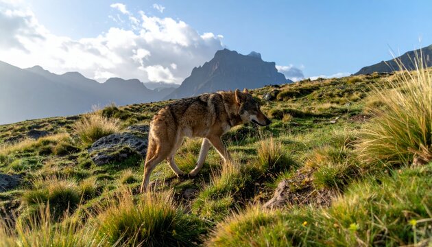 A wild gray wolf walks freely through the high alpine meadows of a rugged mountain landscape under a bright sky