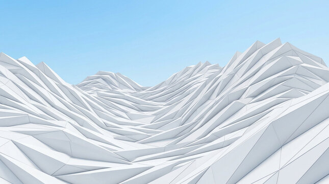 Abstract low poly mountain landscape, white geometric valley with sharp triangular peaks, minimalist 3d rendered polygonal terrain under clear blue sky