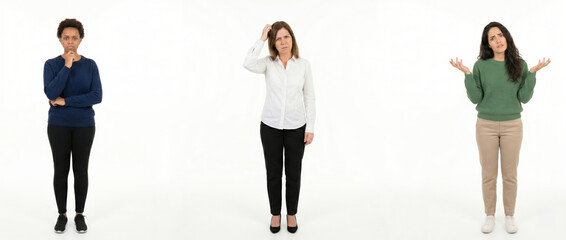 Fototapeta premium Three women showing thoughtful, confused and shrugging reactions isolated on white background