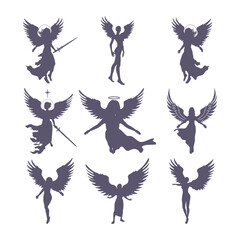 Fototapeta premium Fantasy woman angel with huge bird wings. Lady goddess. Human silhouettes collection