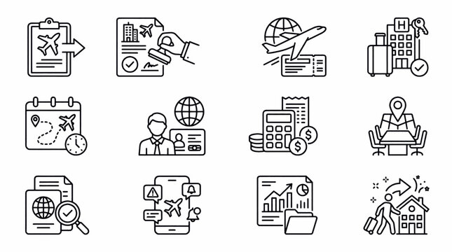 Collection of travel and tourism icons representing different aspects of vacation planning and travel.