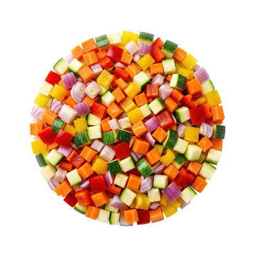 Fresh vegetable brunoise mix isolated on white. Diced raw vegetables for healthy cooking.