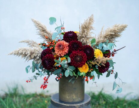 Autumnal Dahlia Flower Arrangement with Pampas Grass and Berries