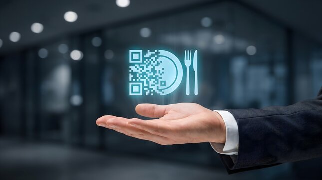 A QR code menu icon with plate and cutlery glows above an open businessman's hand