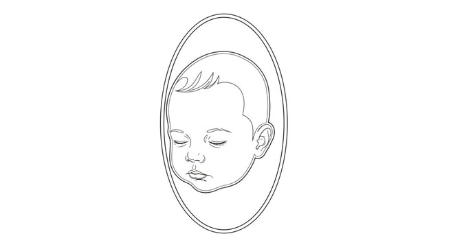 Line drawing of a baby's face in an oval frame