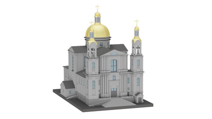 3d rendering view of a church with golden domes and detailed exterior © santiago
