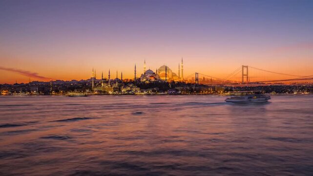 Bosphorus Strait Sunset Panorama with Historic Istanbul Skyline and Ferry Boat, Iconic Travel Destination Scenery