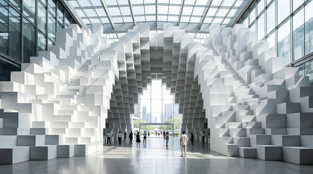 Futuristic parametric architecture installation, white geometric cube sculpture in modern glass atrium, contemporary corporate lobby art