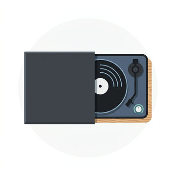 Vintage turntable playing vinyl record illustration.