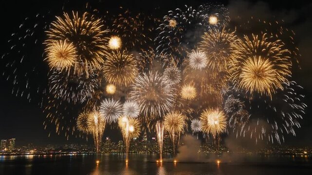 Golden fireworks exploding over city skyline at night