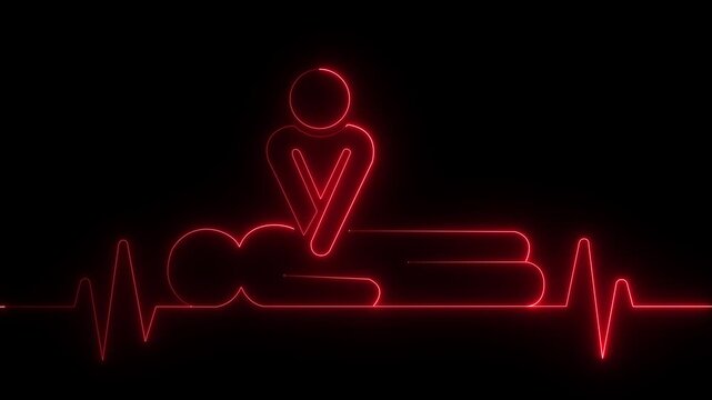 neon heartbeat icon animation. CPR chest compressions showing medical resuscitation technique for training,. CPR chest compressions heartbeat signal icon. 4k Motion video.