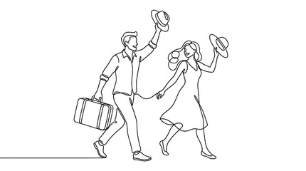 Obraz premium Continuous line art drawing of a happy couple traveling on vacation with vacation, minimalist
