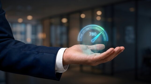 Excellent credit score gauge hovers above an outstretched businessman's hand