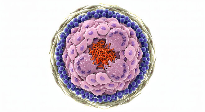 Detailed 3D Scientific Illustration of Macrophages Forming a Granuloma Around Persistent Pathogens, Isolated on White Background