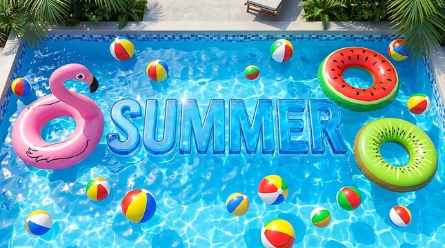 Inflatable pool floats and beach balls floating in swimming pool with swimming inflatable vacation