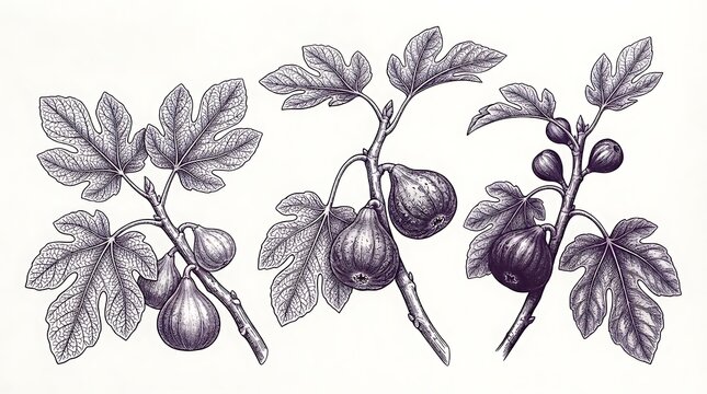 Vintage style engraving illustration of ripe fig branches with botanical engraving agricultural