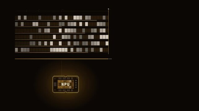 Dynamic NPU Bit Quantization Animation Featuring Vibrant Golden and Dark Tones with Chip Font, Illustrating Data Processing and Energy Flow in a Futuristic Style