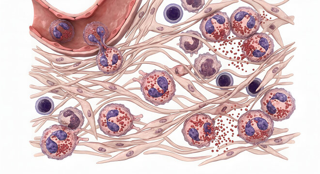 3D Medical Illustration of Eosinophils Infiltrating Tissue During an Allergic Reaction Isolated on White Background