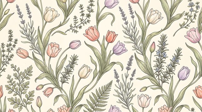 Vintage style pastel floral pattern with tulips and herbs botanical background illustration