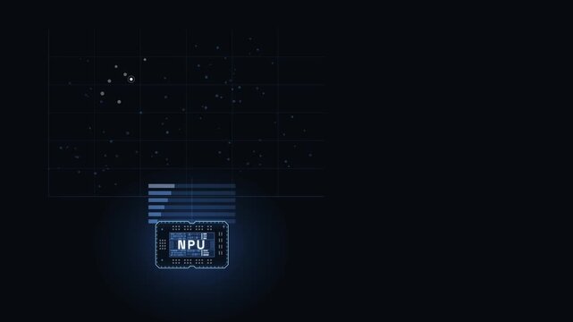 Dynamic NPU Vector Search Visualization with Deep Blue Background, Bright Field Glow, and Chip Font Design, Emphasizing Data Embeddings and Query Core Elements