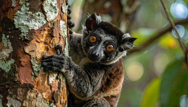 A rare brown lemur with captivating orange eyes peeks from a textured tree, its curious gaze highlighting the unique wildlife within its lush rainforest habitat