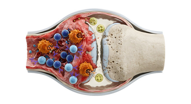 3D Scientific Render of Rheumatoid Arthritis: Immune Cells Attacking the Joint Lining
