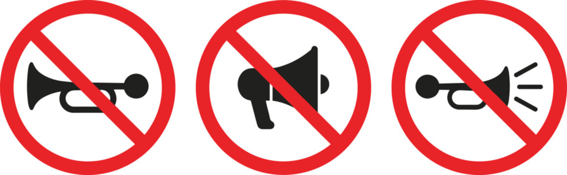 No Honking Sign Set Featuring Red Prohibited Slash Over Car Horns And Megaphone Loudspeaker Audio Warning Notice TemplatesNo Honking Sign Set Featuring Red Prohibited Slash Over Car Horns And Megaphon