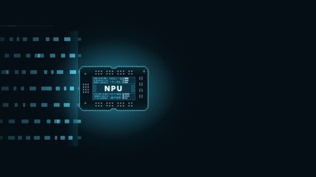 Futuristic NPU Token Stream Animation with Glowing Elements in Teal and Blue Tones Featuring Chip Font Text 'NPU' Against a Dark Background