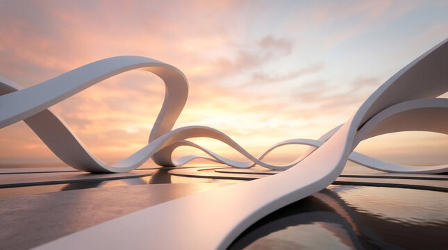 Futuristic abstract architecture with white flowing curves, modern parametric design at sunset, minimalist organic structure on reflective surface