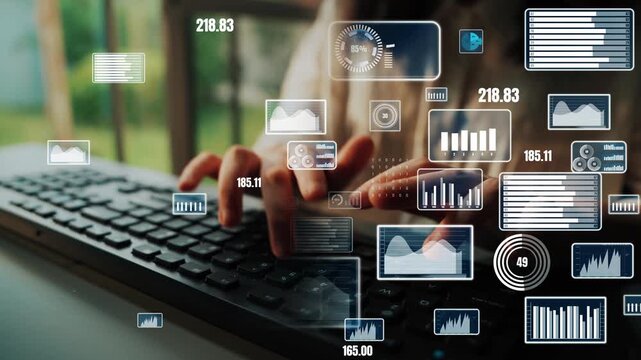 This image depicts a user engaging with a keyboard, surrounded by digital graphics that illustrate data analysis, statistics, and technology in a modern workspace. Xenic