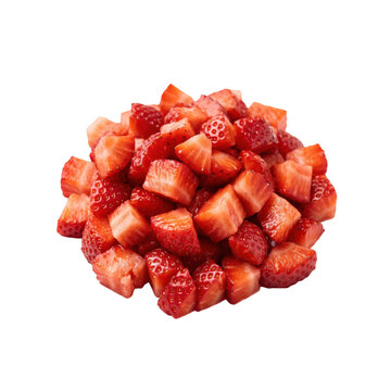 Freshly diced red strawberries piled on a white background