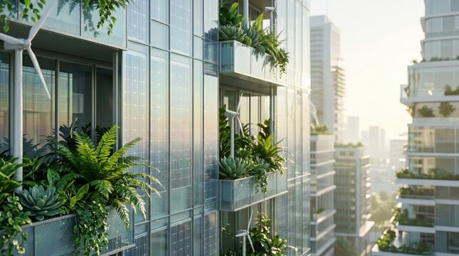 Eco-friendly skyscraper with vertical gardens, solar panels, wind turbines, sustainable architecture, green city living, renewable energy, urban nature integration