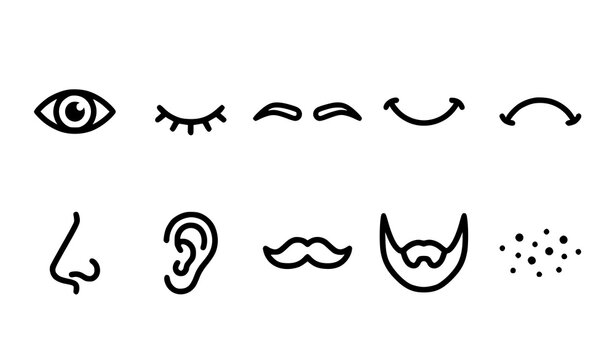 Outline face part line icons showing eye, closed eyelid, eyebrows, smile, frown, nose, ear, mustache, beard and freckles