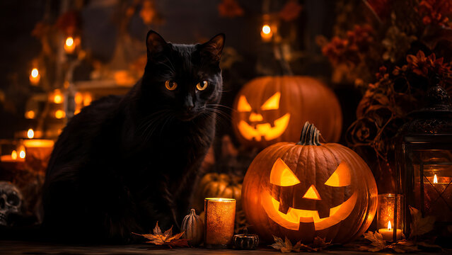 Black Cat With Glowing Jack O Lanterns | Spooky Halloween Cat and Pumpkin Scene | Dark Autumn Witchy Holiday Background