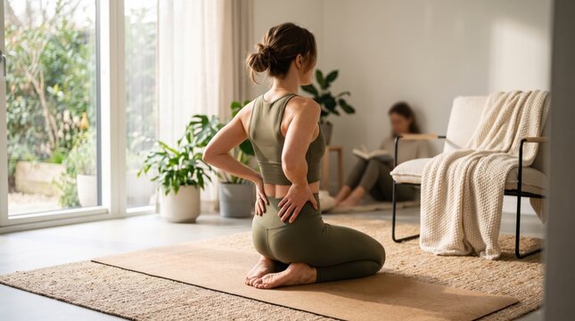 Woman kneeling on yoga mat holding lower back in pain at home, health and wellness concept for backache relief and physical therapy exercise routine