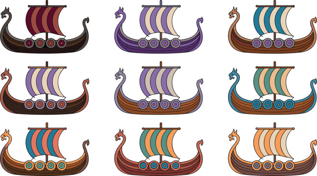 Viking longship vector illustration set featuring colorful wooden drakkar boats with shields and striped sails for graphic design projects