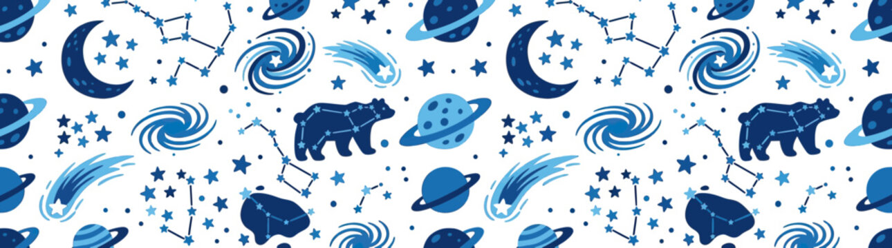 Whimsical Space Pattern with Stars, Planets, and Constellations