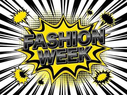 Fashion Week comic book style sign. Pop art graphic design for retail sales event.